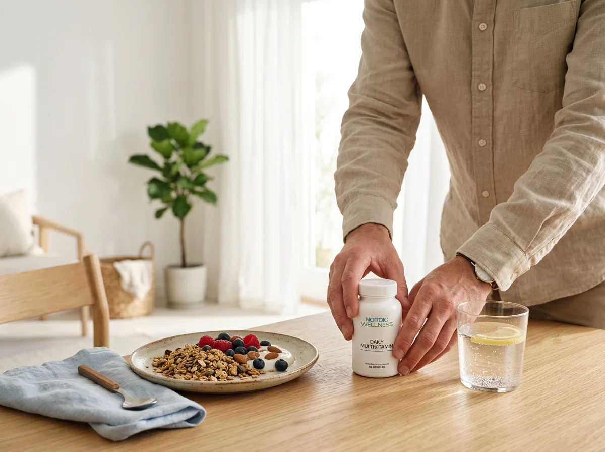 Händer som placerar kosttillskott bredvid vattenglas och frukost på träbord